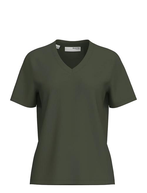 Slfmyessential Ss V-Neck Tee Noos Selected Khaki