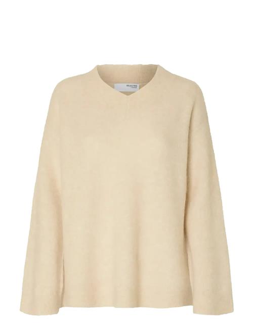 Slfsia Ras Ls Knit Long V-Neck Noos Selected Cream