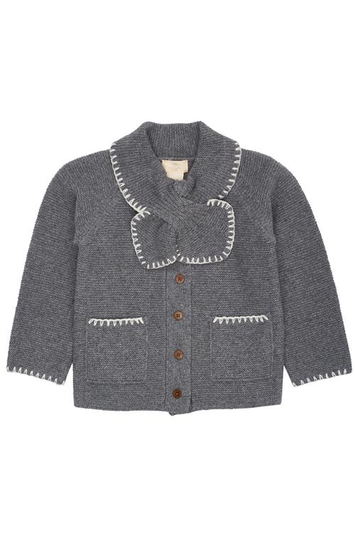 Copenhagen Colors Cardigan I Lammeuld Med Krave Dark Grey Cream  Dark Grey Cream 104 cm Wool Grå  104 cm  kvinde