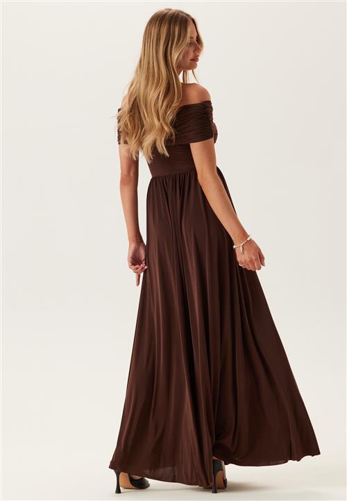 Goddiva Bardot Rouched Maxi Split Dress