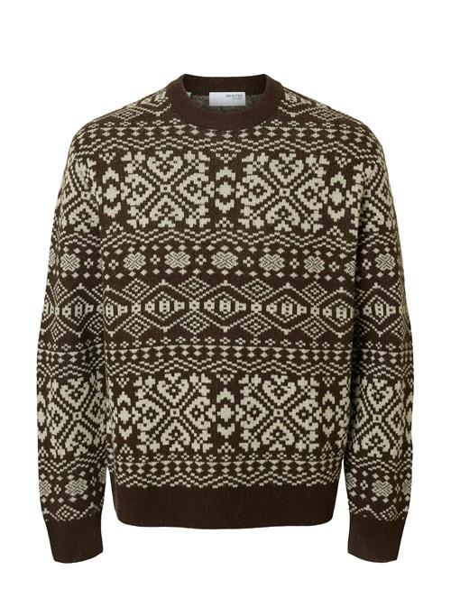 Slhholger Ls Knit Jaquard Crew Neck Selected Brown