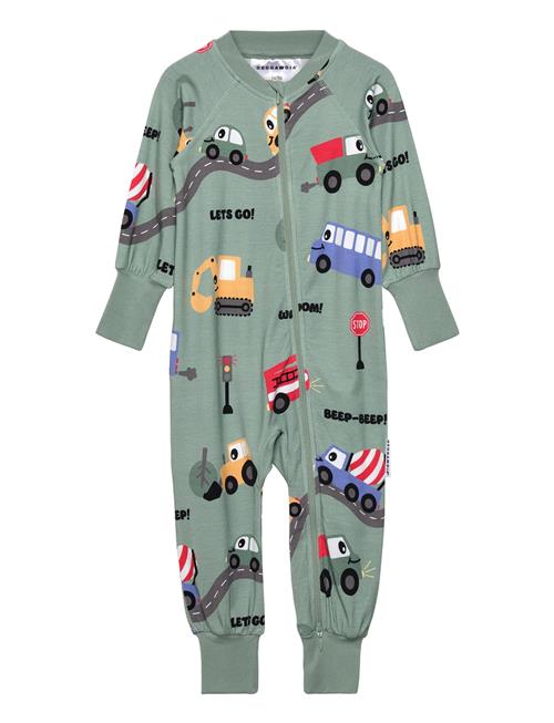 Bamboo Two Way Zip Pyjamas Green Tractor Geggamoja Green