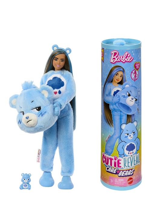 Cutie Reveal Care Bears Series Doll & Accessories In Grumpy Bear Plush Costume, 10 Surprises Barbie Patterned