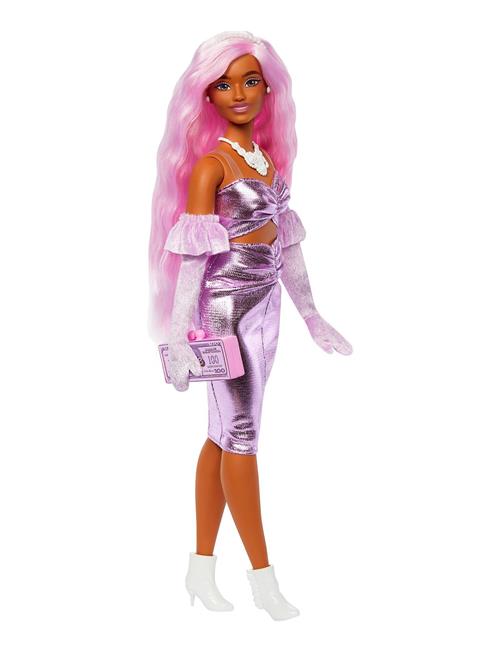 Deluxe Style Doll #1 In Glossy Pink Core Dress With Velvet Gloves, Pink Hair Barbie Patterned
