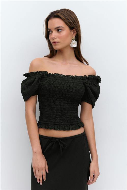 Gina Tricot - Puff sleeve frill top - bluser med pufærmer - Sort - XXS - Dame