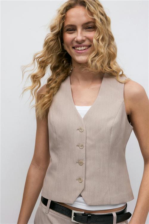 Gina Tricot - Short v-neck vest - Veste - Beige - 34 - Dame