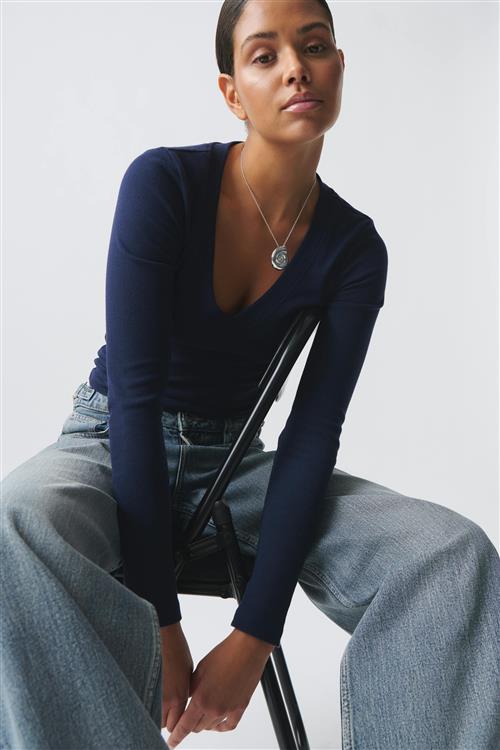 Gina Tricot - V-neck top - Langærmede toppe - Blå - XL - Dame