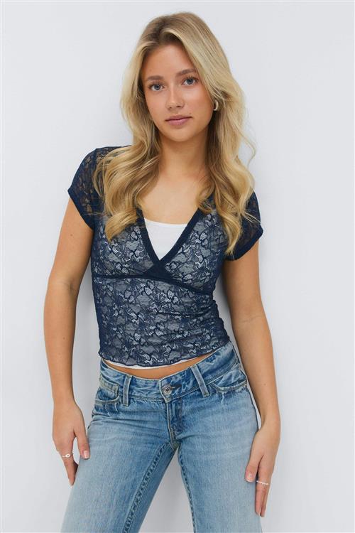 Gina Tricot - 14+ tie lace top - Toppe - Blå - M - Dame