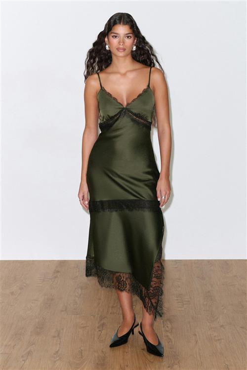 Gina Tricot - Satin lace midi dress - satinkjoler - Grøn - 34 - Dame