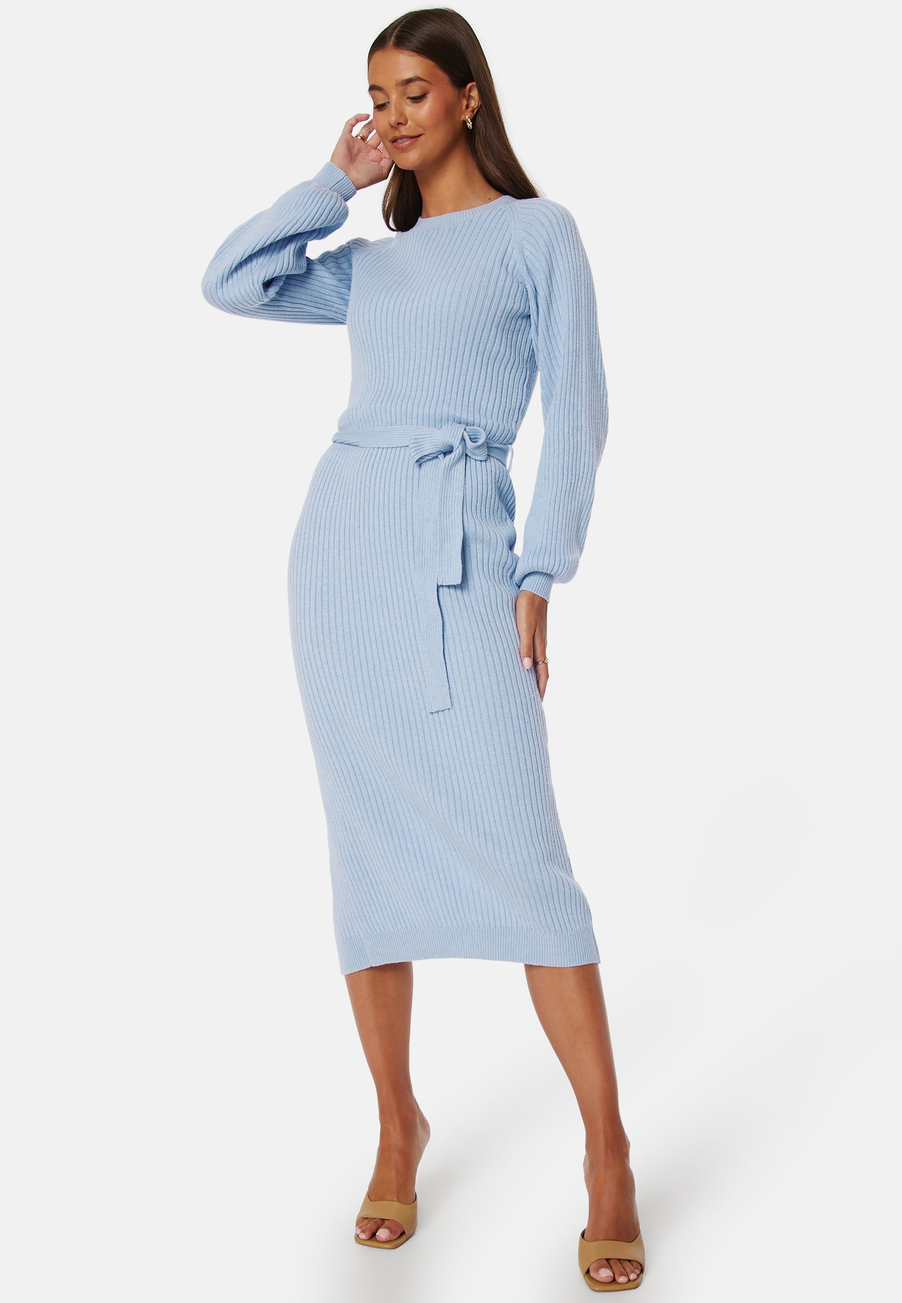 BUBBLEROOM Round Neck Rib Knitted Midi Dress