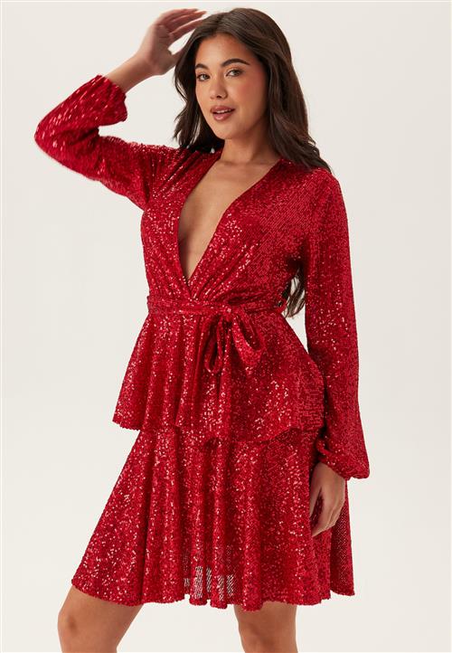 John Zack Sequin Deep V Ruffle Skater Dress