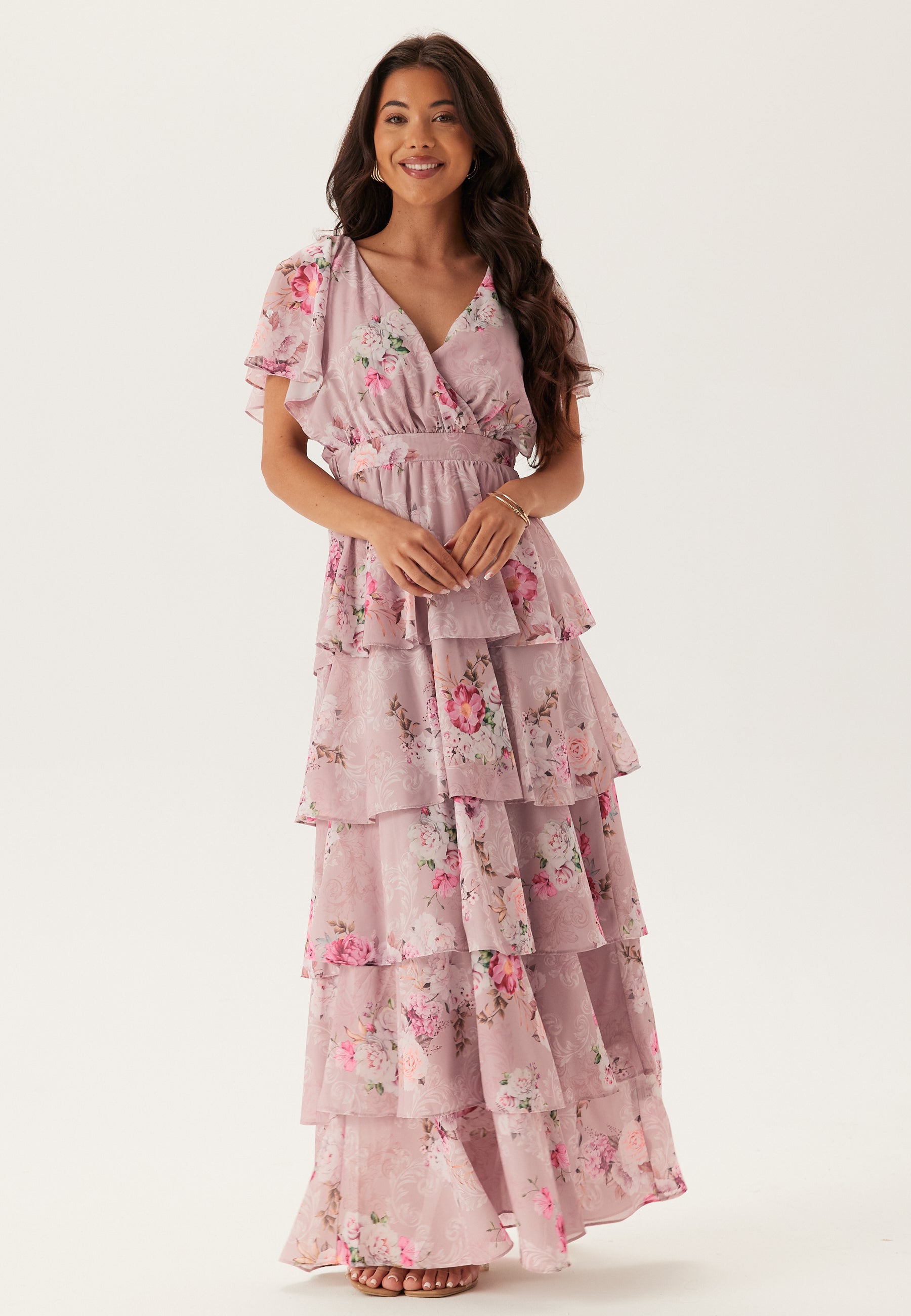 Goddiva Floral Flutter Tiered Maxi Dress