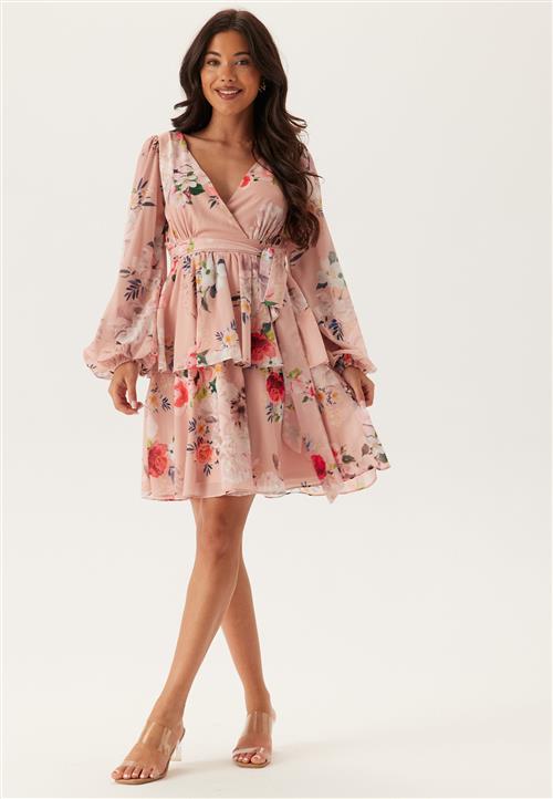 Goddiva Floral Long Sleeve Tiered Skater Dress
