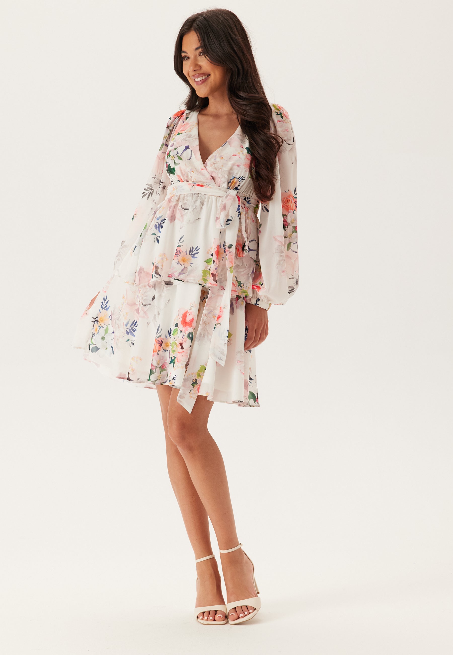 Goddiva Floral Long Sleeve Tiered Skater Dress