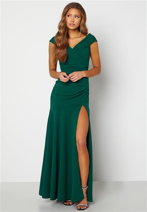 Goddiva Bardot Pleat Maxi Split Dress