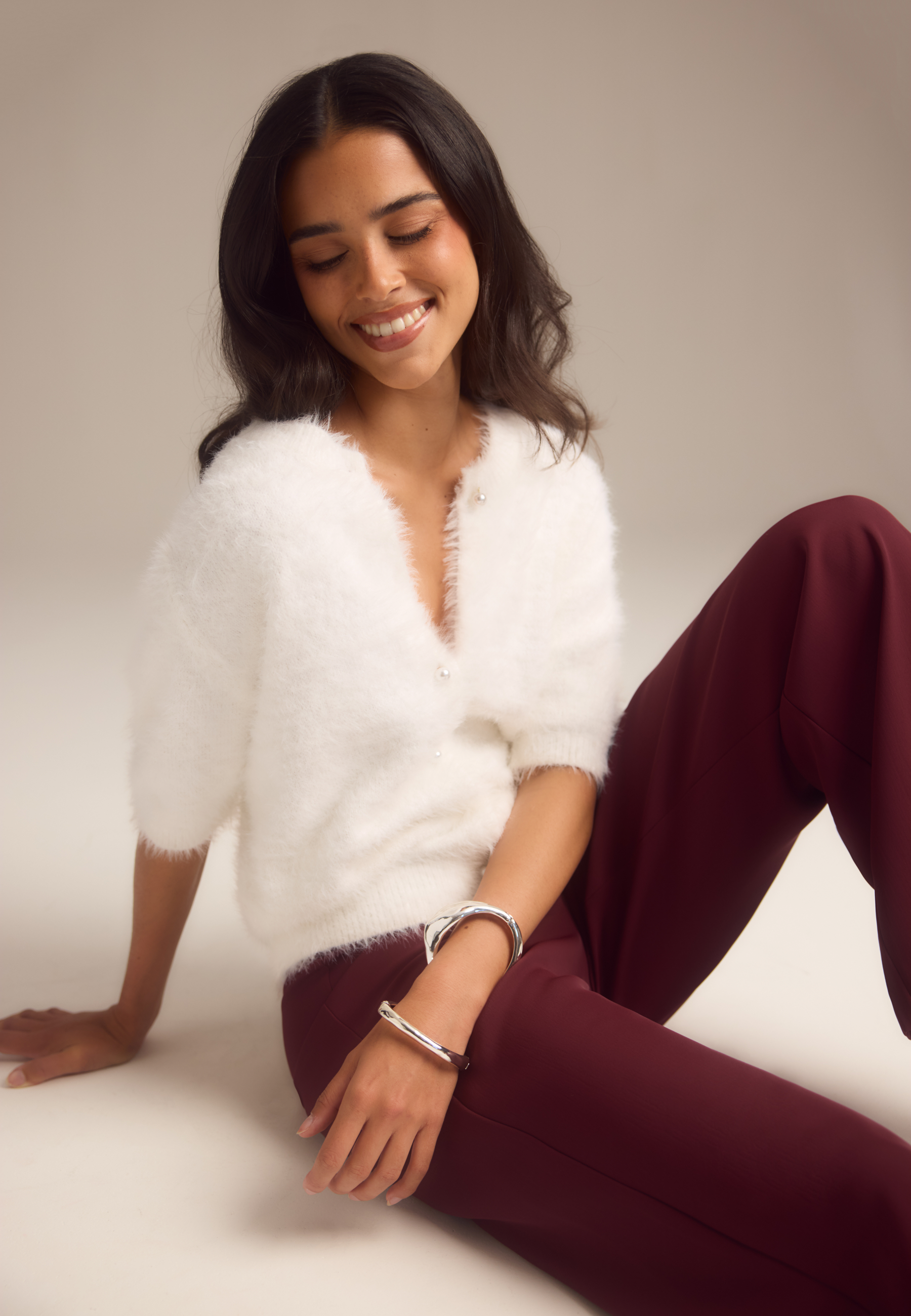 BUBBLEROOM Short Sleeve Fluffy Knitted Cardigan