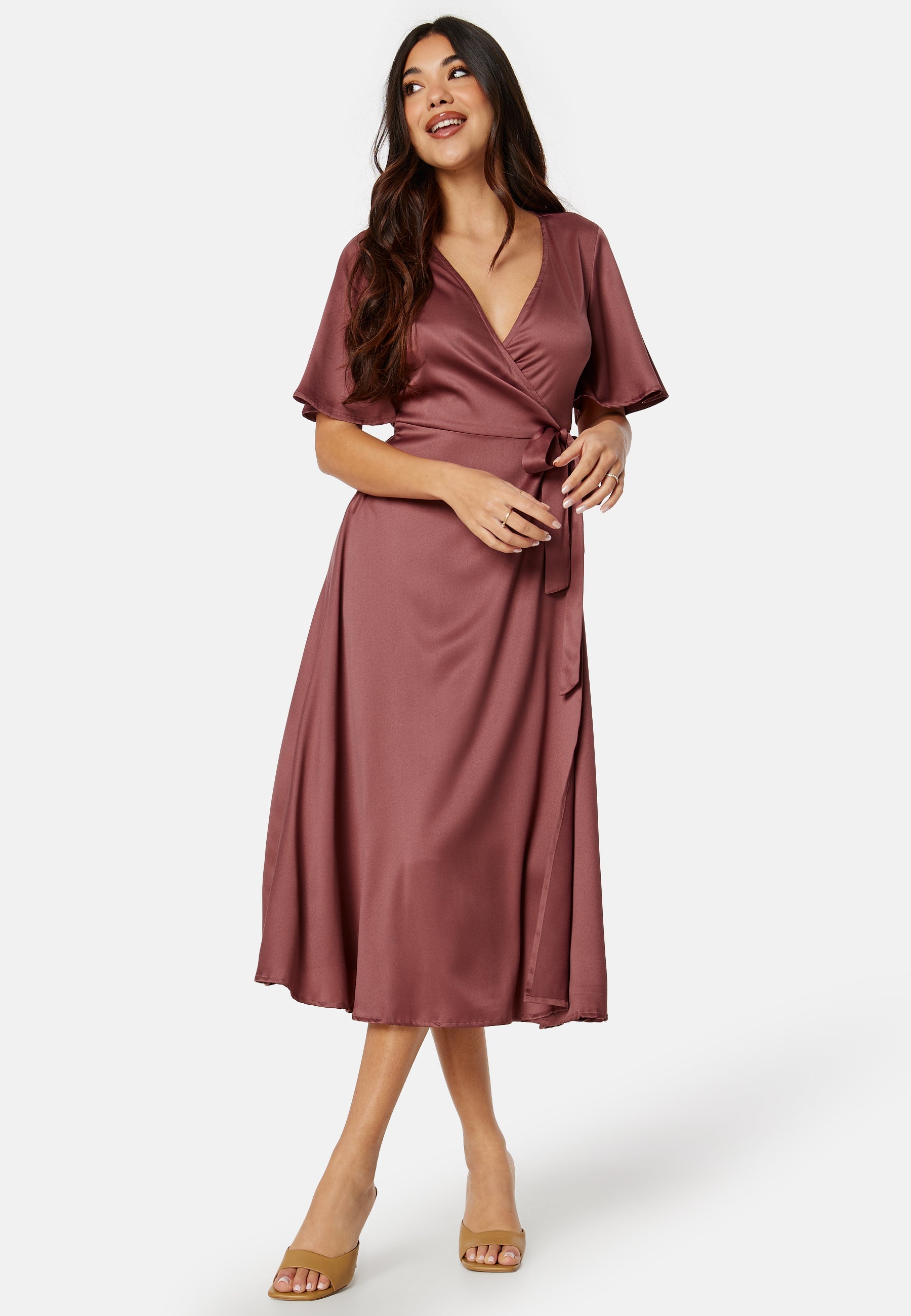 Bubbleroom Occasion Butterfly Sleeve Wrap Satin Midi Dress