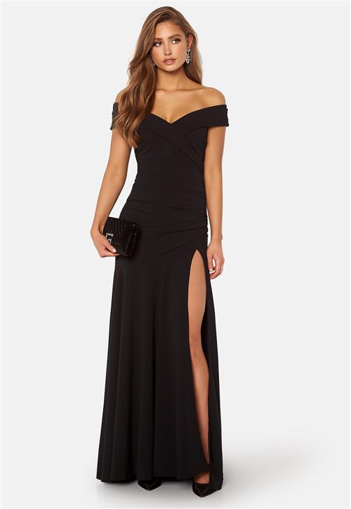 Goddiva Bardot Pleat Maxi Split Dress