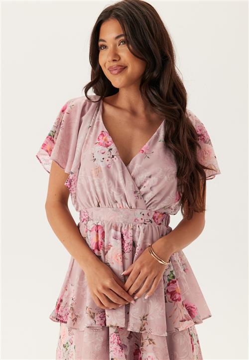 Goddiva Floral Flutter Tiered Midi Dress