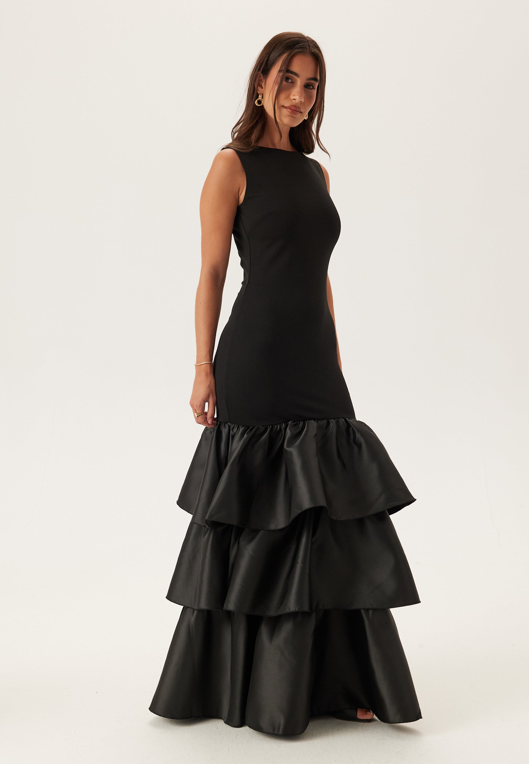 Goddiva Satin Frill Maxi Dress