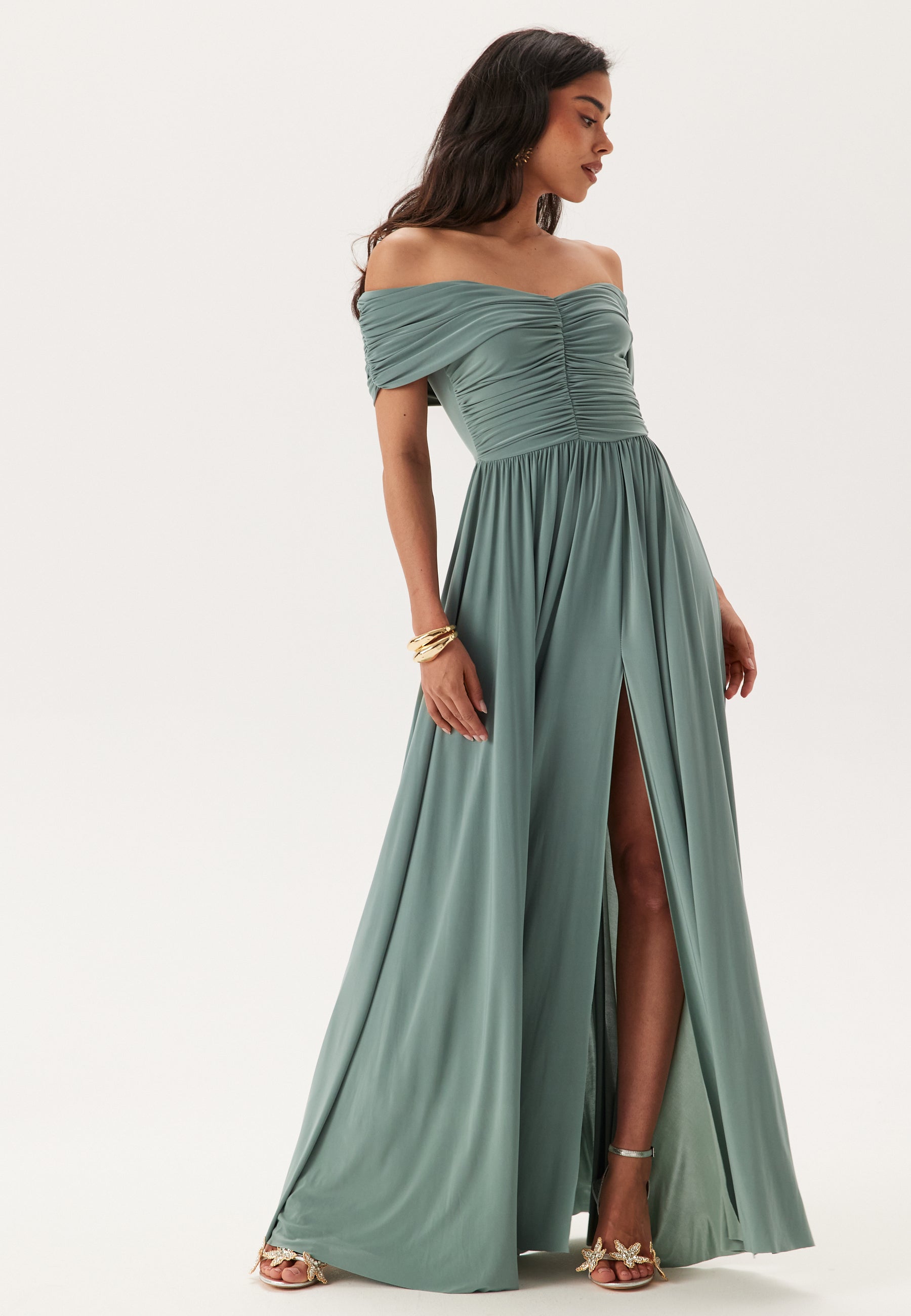 Goddiva Bardot Rouched Maxi Split Dress