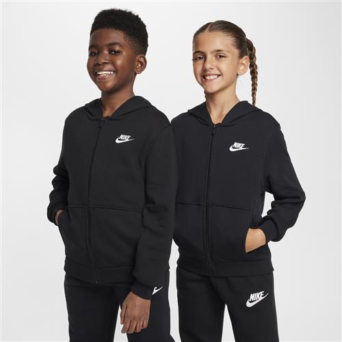 Nike Club Fleece-hættetrøje i french terry med lynlås i fuld længde til større børn - sort