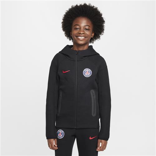 Paris Saint-Germain Tech Fleece-Nike-hættetrøje med fuld lynlås til større børn (drenge) - sort