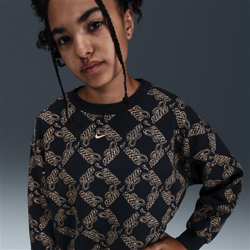 Oversized Nike Club Fleece-sweatshirt med rund hals til større børn (piger) - sort