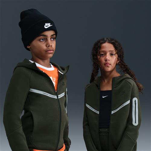 Nike Tech Fleece-hættetrøje med lynlås i fuld længde og reflekser til større børn - grøn