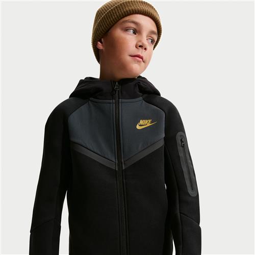Nike Tech Fleece-hættetrøje med lynlås til større børn - sort