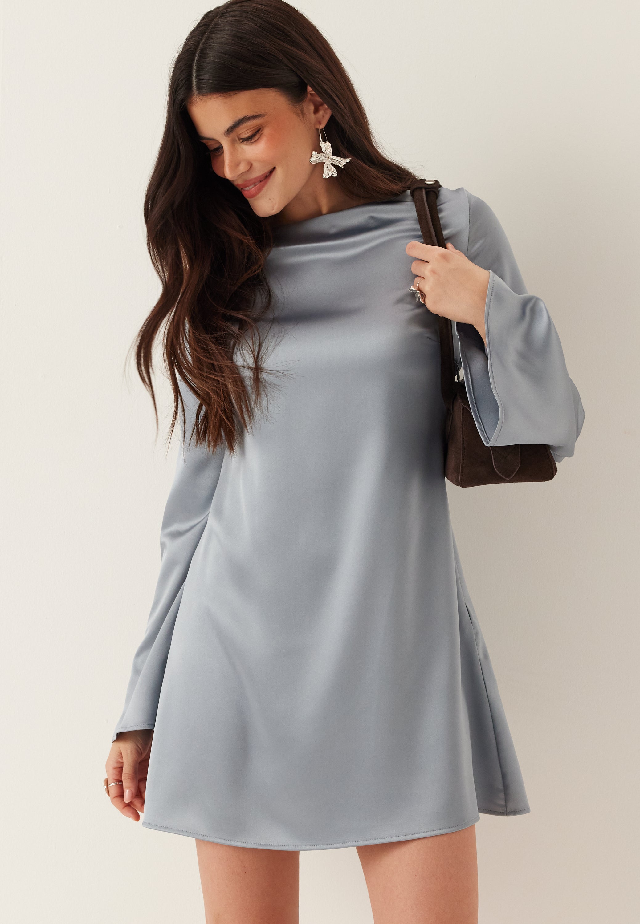 BUBBLEROOM Satin Trumpet Sleeve Short Dress