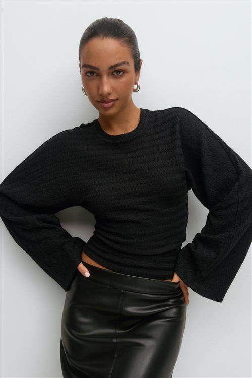 Gina Tricot - Textured wide sleeve top - Langærmede toppe - Sort - L - Dame