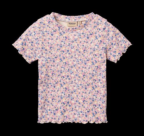 Wheat Rib T-shirt S/S Alicia Pink Blue Flowers Pink Blue Flowers 128 cm  Lyserød  128 cm  kvinde