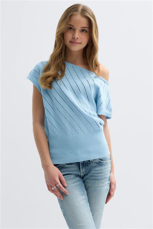 Gina Tricot - Y boatneck knitted top - Toppe - Blå - 158/164 - Pige