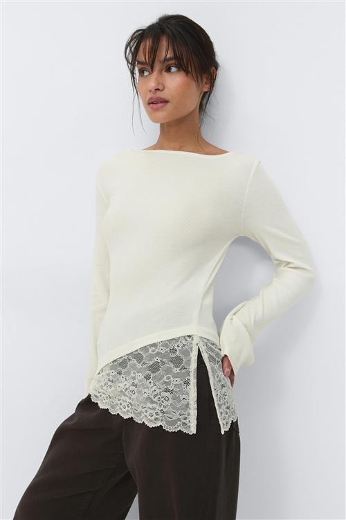 Gina Tricot - Lace detail boatneck top - Langærmede toppe - Hvid - M - Dame