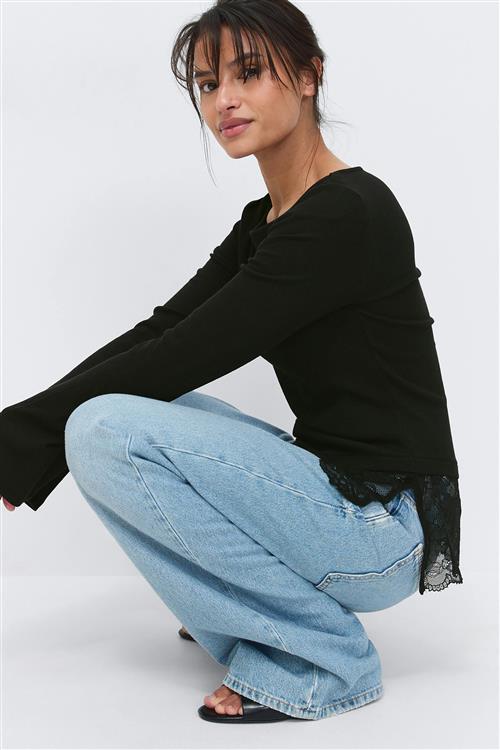 Gina Tricot - Lace detail boatneck top - Langærmede toppe - Sort - S - Dame