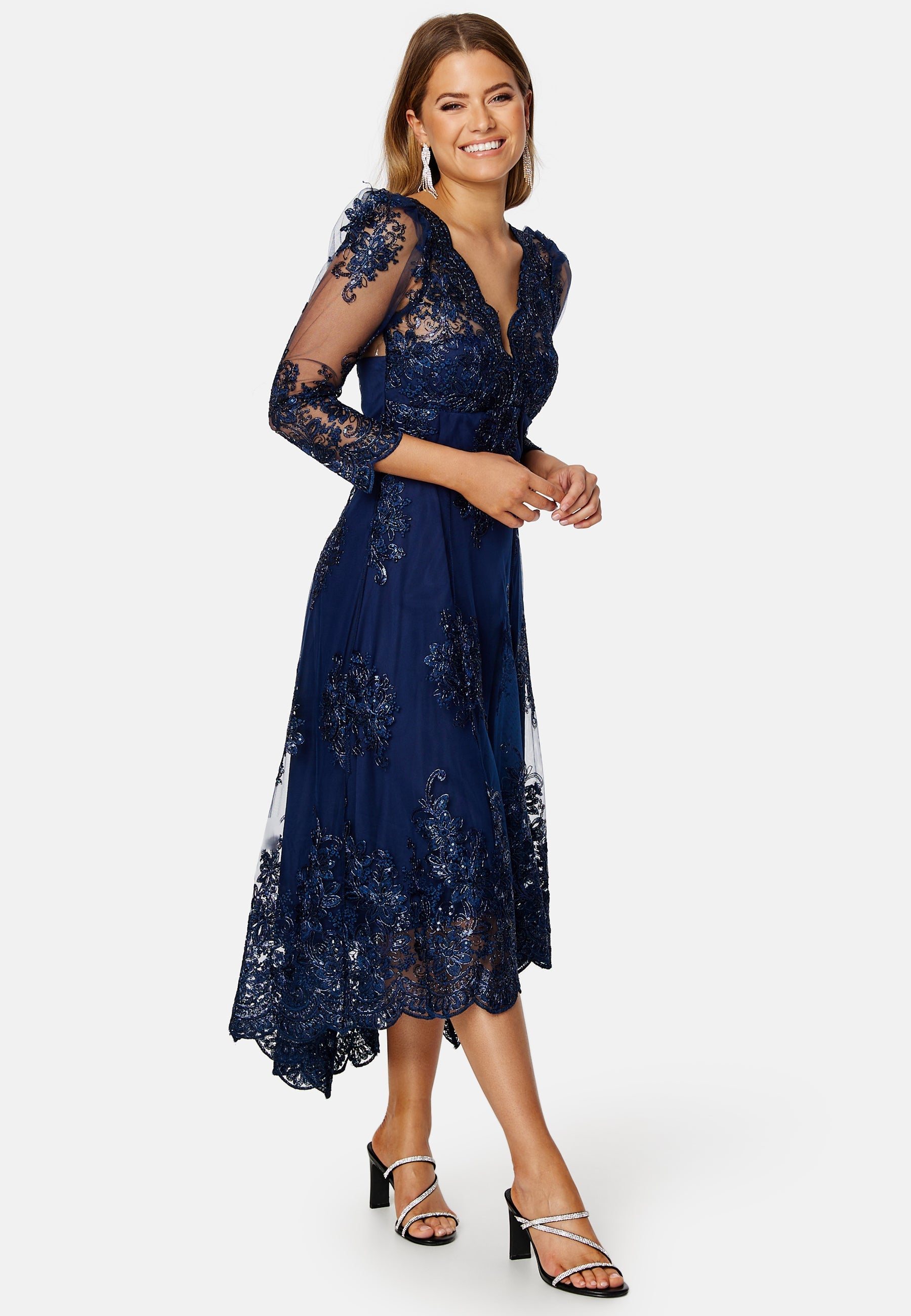 Goddiva Embroidered Lace 3/4 Sleeve Midi Dress