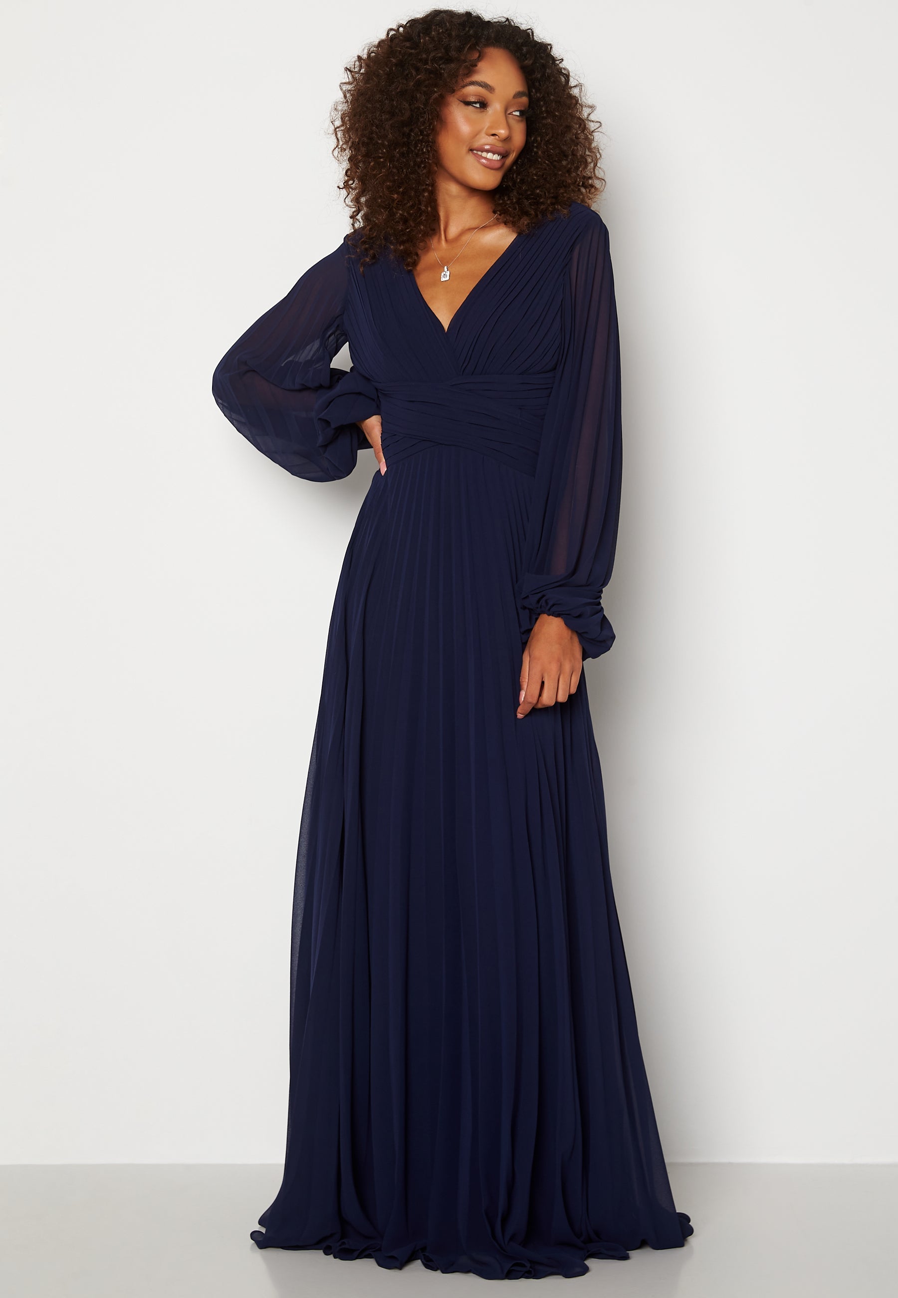 Goddiva Pleated Balloon Sleeve Maxi Dress