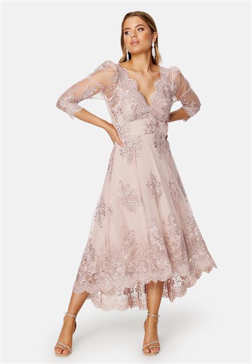 Goddiva Embroidered Lace 3/4 Sleeve Midi Dress