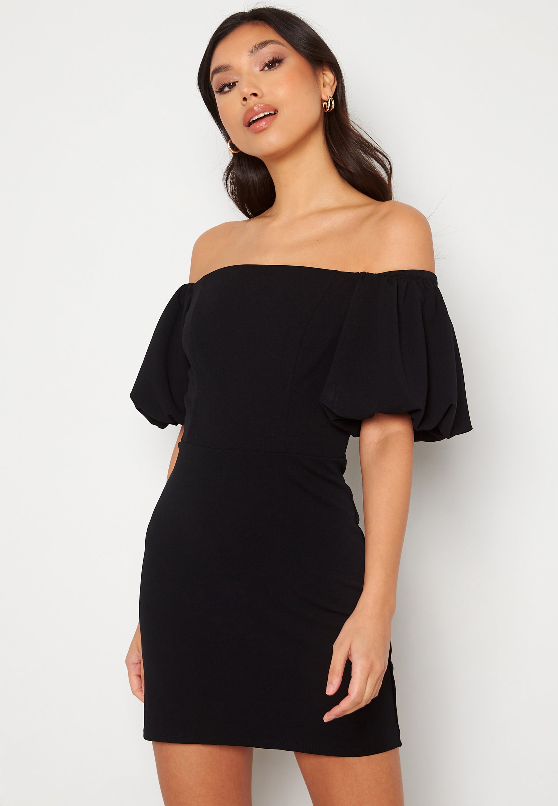John Zack Bardot Puff Sleeve Mini Dress