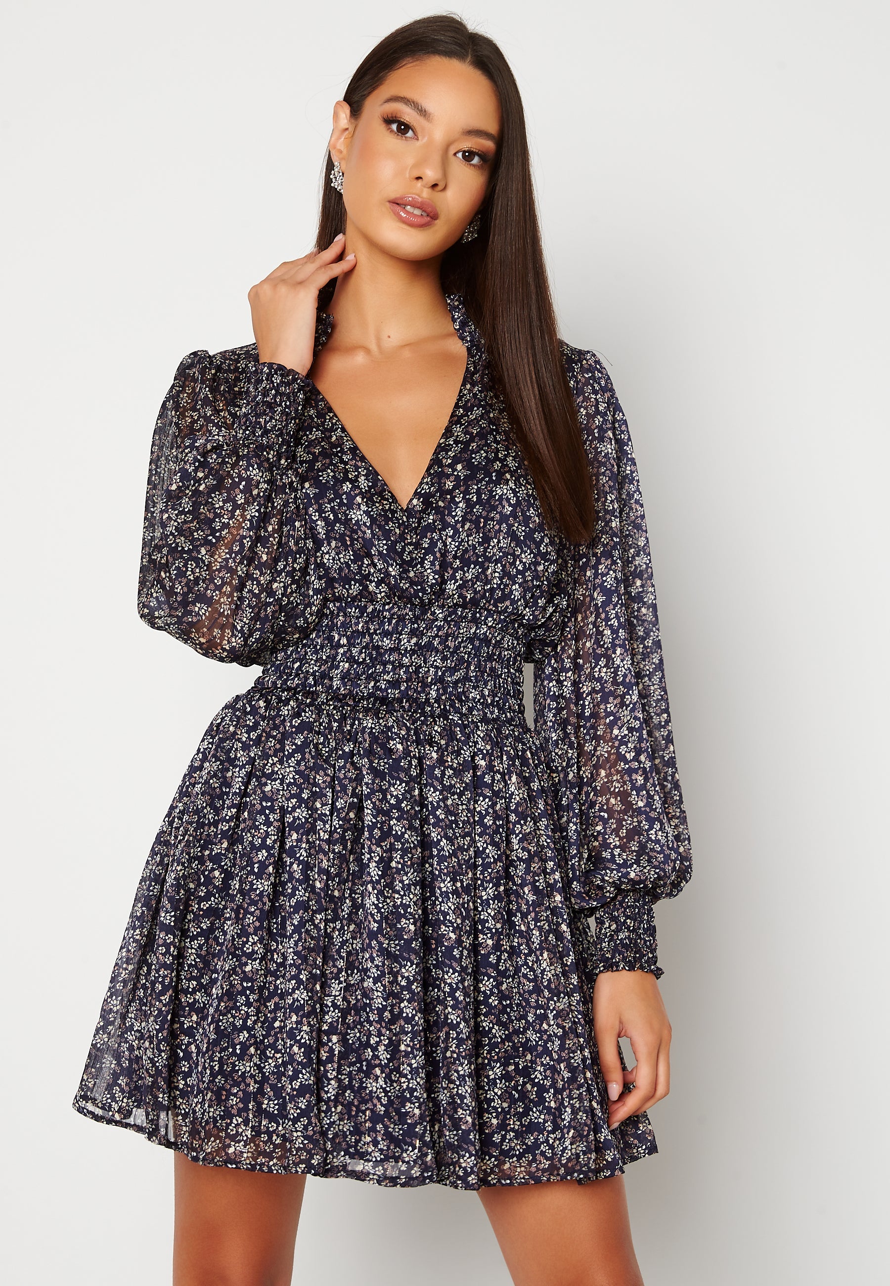 Goddiva Long Sleeve Shirred Skater Dress