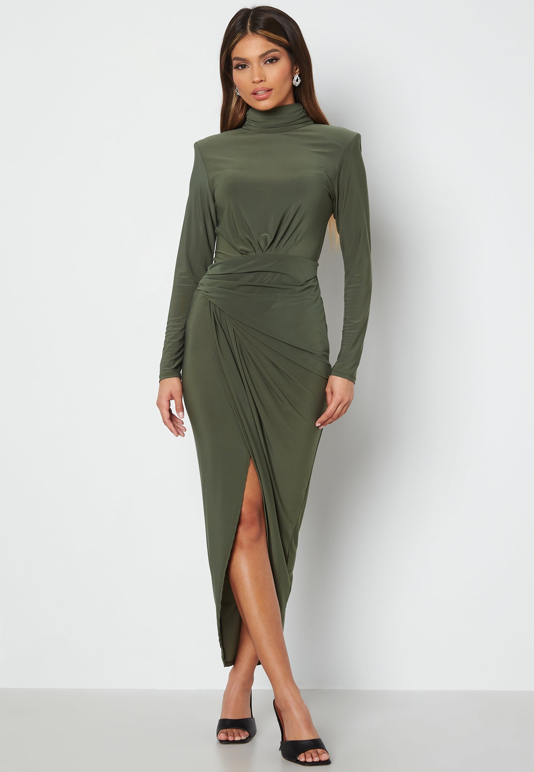 John Zack High Neck Rouch Maxi Dress