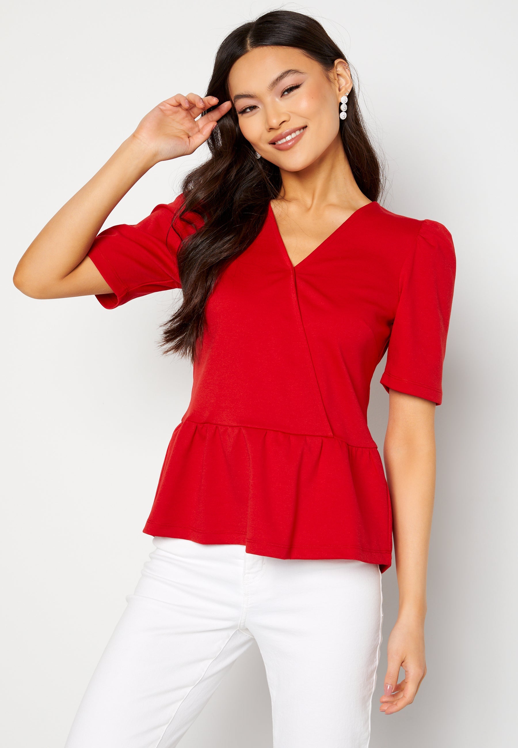 Happy Holly Madeleine peplum top