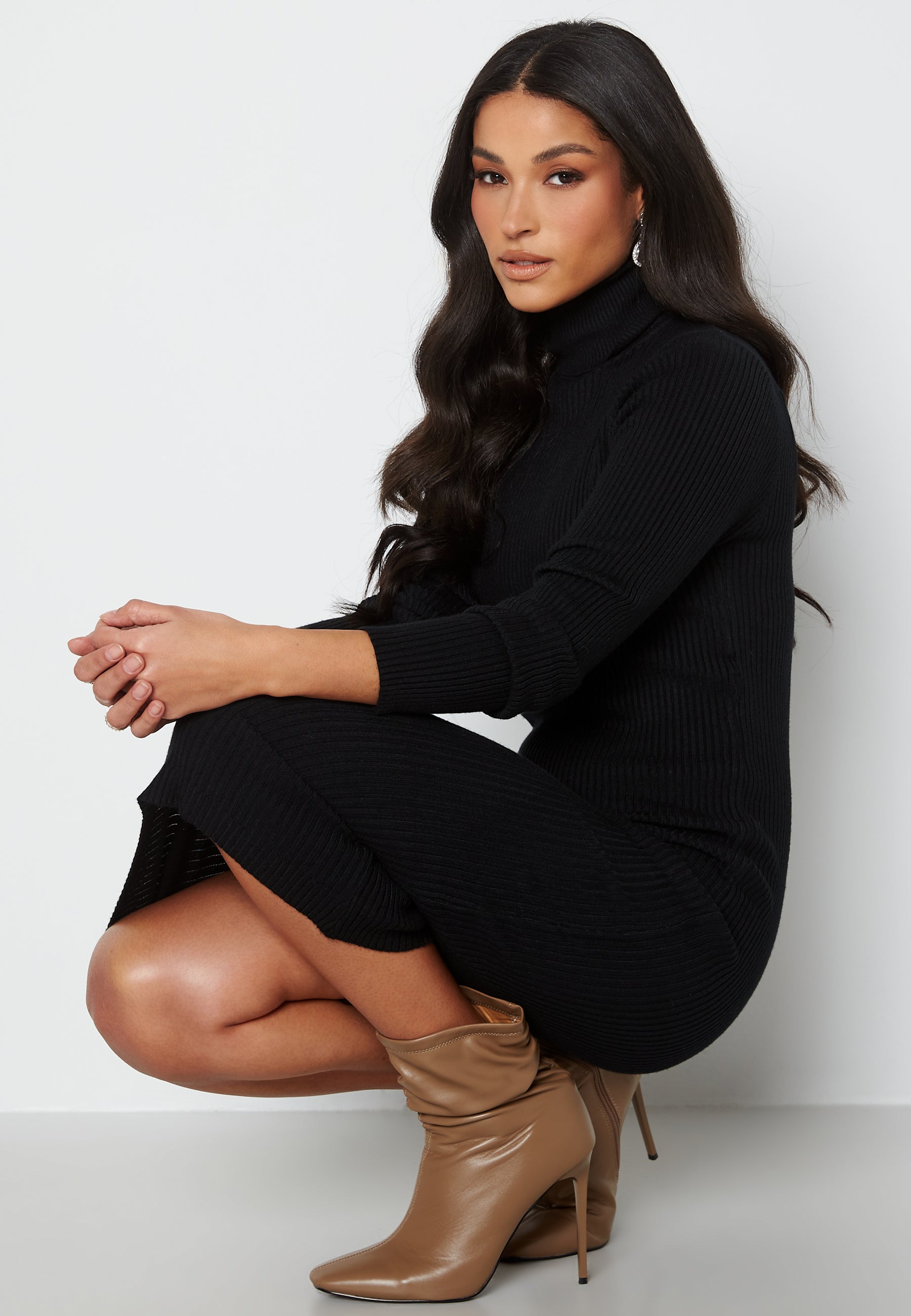 Bubbleroom Roll Neck Rib Knit Midi Dress