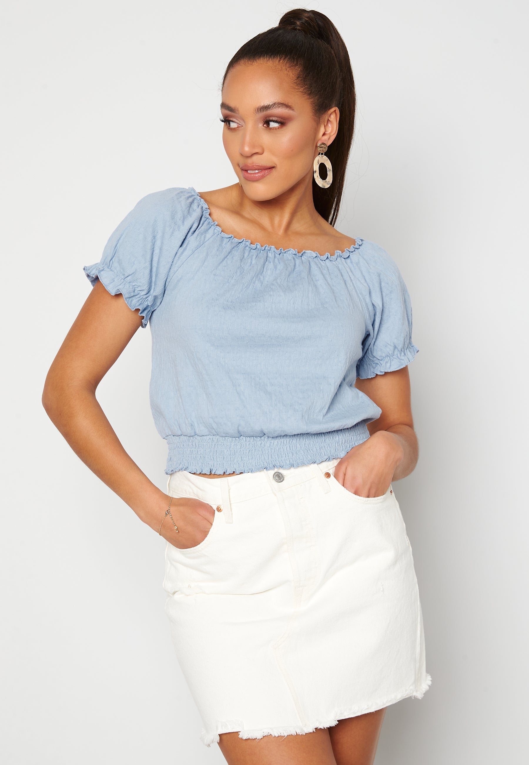 Pieces Leaf Ss Cropped Smock Top