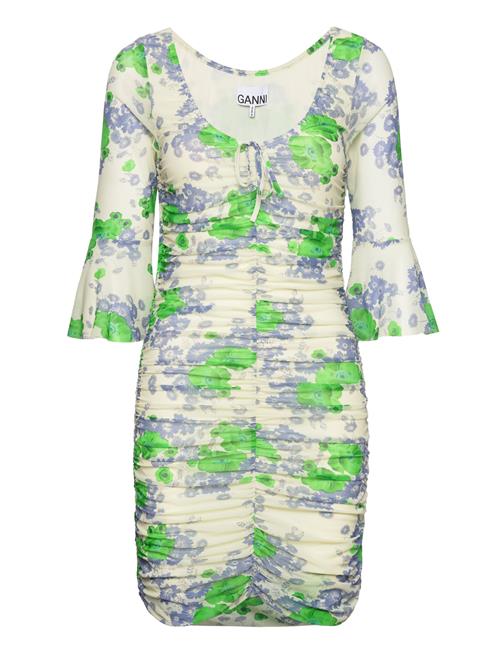 Ganni | Printed Mesh U-Neck Ruched Mini Dress | 34