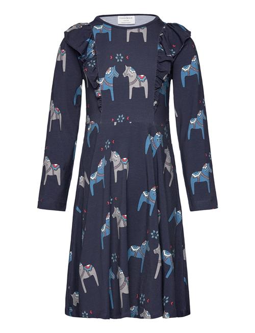Geggamoja | Bamboo Flared Dress Navy Dala Horse | 122/128