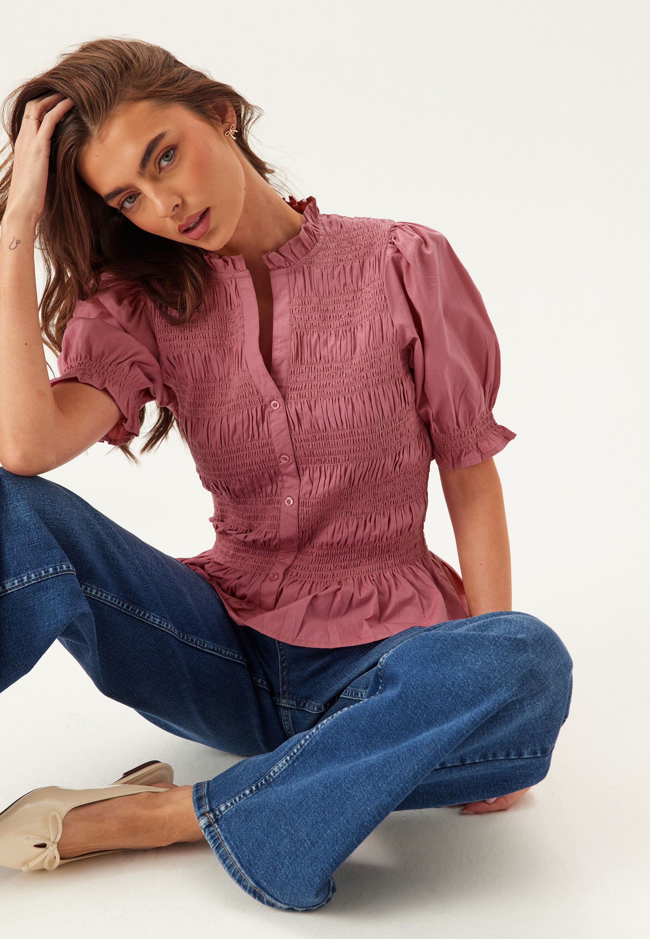 BUBBLEROOM Short Sleeve Cotton Smock Blouse