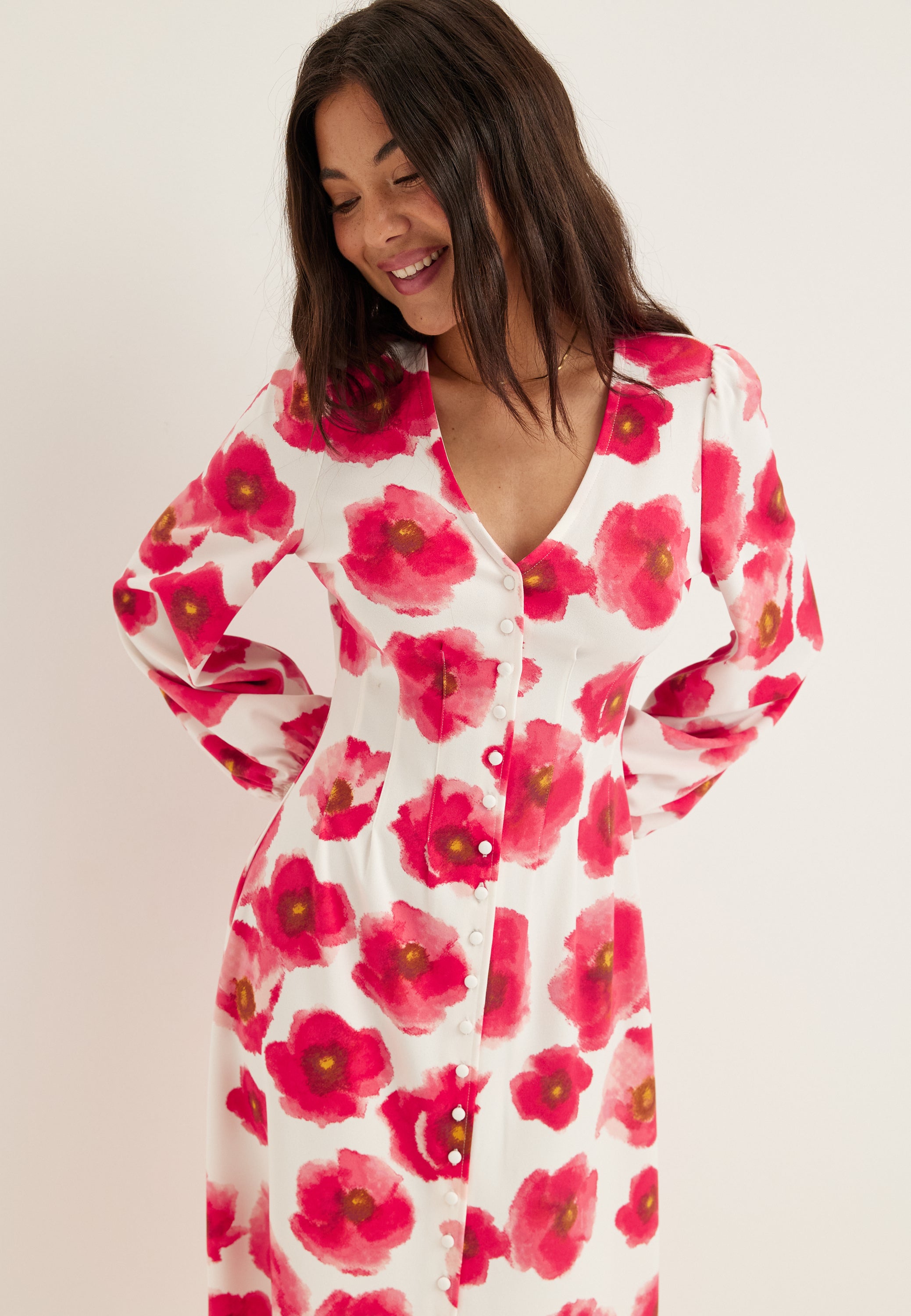 BUBBLEROOM Midi Button Volume Sleeve Dress