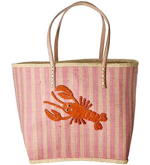 Rice Taske m. Læder Håndtag - Pink Stripes And Embroidered Lobst